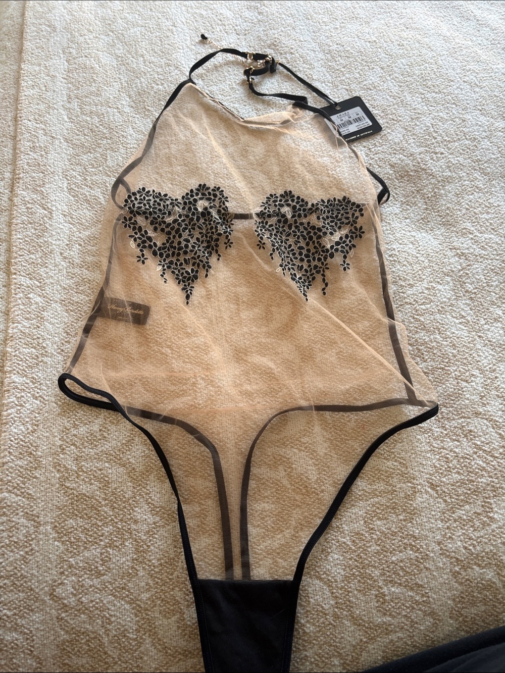 Honey Birdette Nude Sheer Halter Bodysuit with Black Heart Appliqué